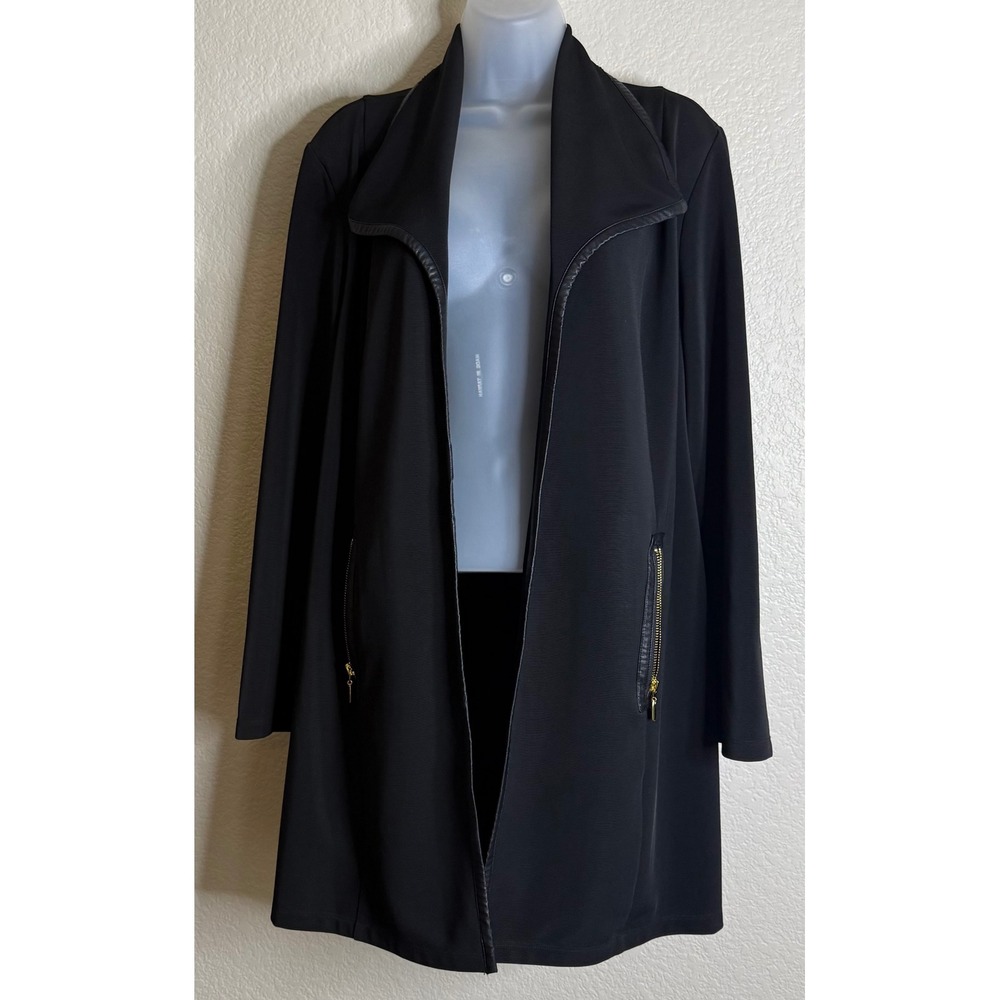 Chicos 2 US Large Jacket Black Faux Leather Trim Open Front Longline Drape